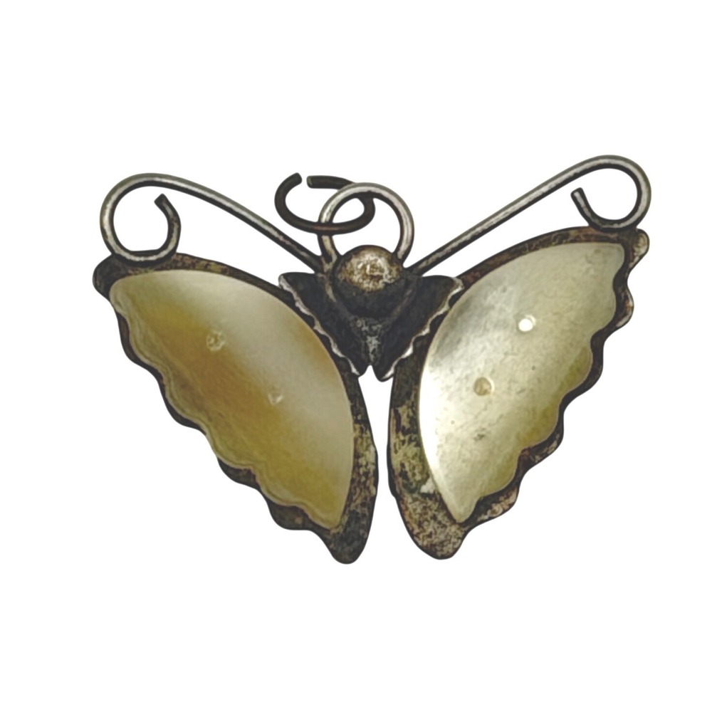 Butterfly Pendant Womens Cream Silver Tone Vintage Mother of Pearl Inlay